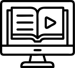 A single isolated black stroke line icon of a computer screen with a play button and book, representing online learning, monoline style, white background.