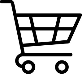 A single isolated black stroke line icon of a shopping cart with wheels, representing add to cart or e-commerce purchase, monoline style, white background.