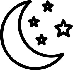 A single isolated black stroke line icon of a crescent moon with small stars, representing sleep or night mode, outlined icon, white background.