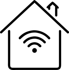 A single isolated outlined vector icon of a house with a WiFi or phone app symbol, representing smart home tech, minimal stroke line, white background.
