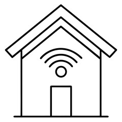 A single isolated outlined vector icon of a house with a WiFi or phone app symbol, representing smart home tech, minimal stroke line, white background.

