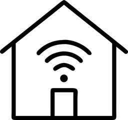 A single isolated outlined vector icon of a house with a WiFi or phone app symbol, representing smart home tech, minimal stroke line, white background.

