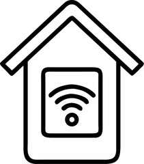 A single isolated outlined vector icon of a house with a WiFi or phone app symbol, representing smart home tech, minimal stroke line, white background.
