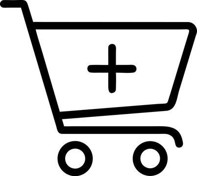 A single isolated black stroke line icon of a shopping cart with wheels, representing add to cart or e-commerce purchase, monoline style, white background.