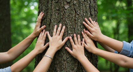 Family Hands on Tree Trunk in Forest