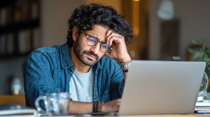 remote job, technology and people concept - sad young indian man in glasses with laptop computer working at home office, no logos, no brands