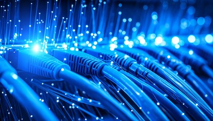 Close-up of blue network cables and fiber optics