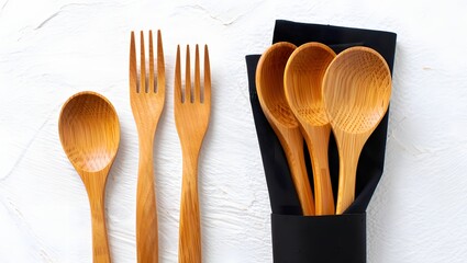 Wooden Cutlery Set and Napkin Mockup on White Background