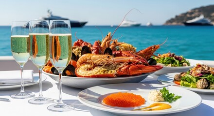 A luxurious seafood feast with champagne is served on a yacht overlooking the ocean