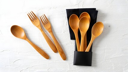 Wooden Cutlery Set and Napkin Mockup on White Background