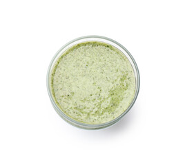 Tasty spinach smoothie in glass isolated on white, top view