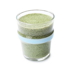 Tasty spinach smoothie in glass isolated on white