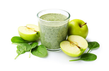Tasty spinach smoothie and ingredients isolated on white