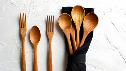 Wooden Cutlery Set and Napkin Mockup on White Background