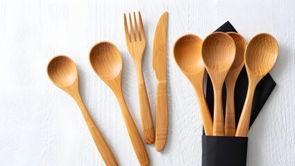 Wooden Cutlery Set and Napkin Mockup on White Background