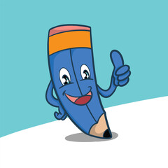 Cute Cartoon Pencil Character Waving Thumbs Up – Vector Illustration