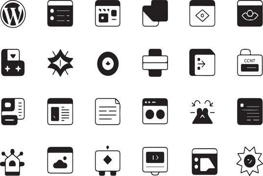 Collection of diverse black and white vector icons representing various digital concepts including technology communication and design elements