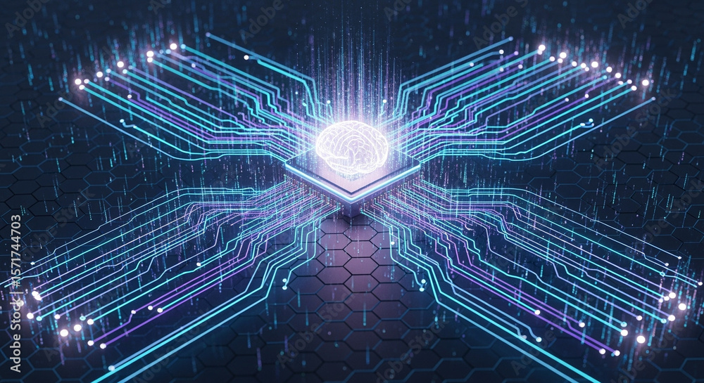Poster artificial intelligence circuit board with glowing brain and data streams