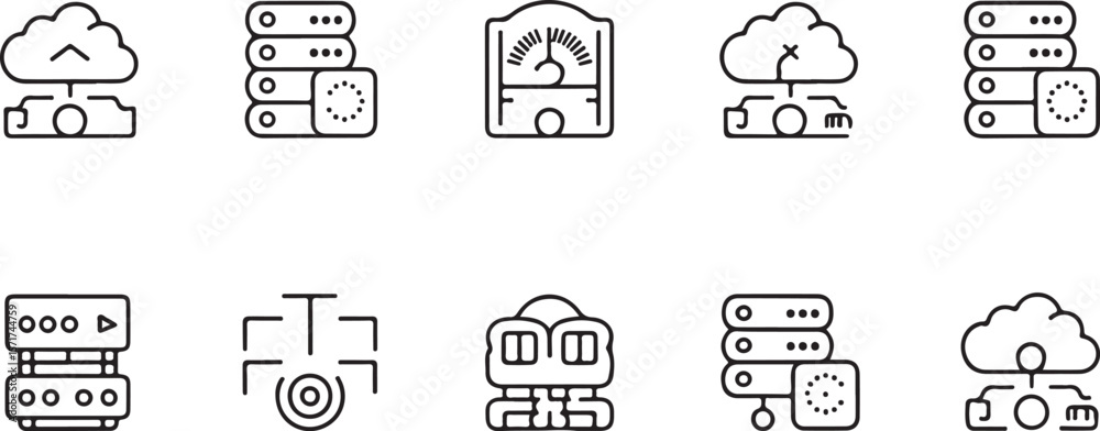 Poster collection of modern line art icons representing cloud computing data storage network servers and te