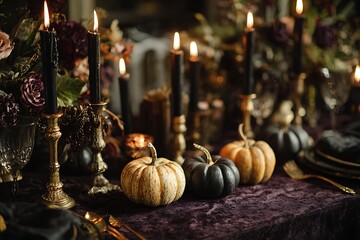 Fototapeta premium A moody and elegant table setting with pumpkins, black candles, and dark floral arrangements for a sophisticated autumn celebration.