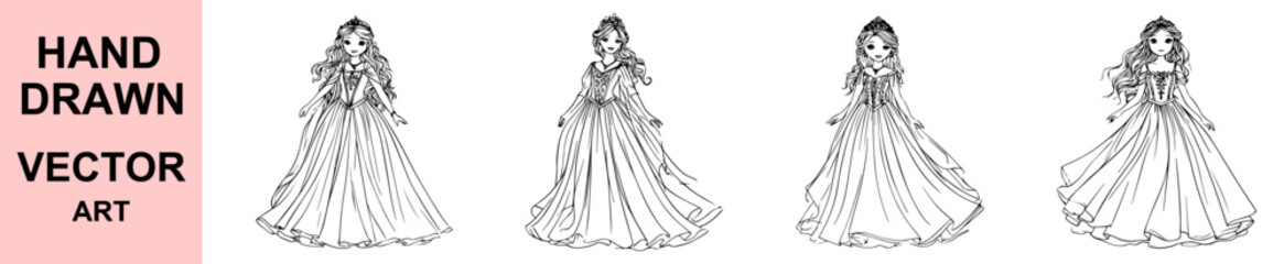 Elegant princess girl in long flowing gown standing beautiful dress fairytale royalty line art black white illustration fantasy drawing sketch