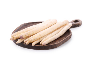 Many raw asparagus spears isolated on white