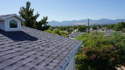 Side view of synthetic shingle roof with scenic mountain landscape in sunlight.