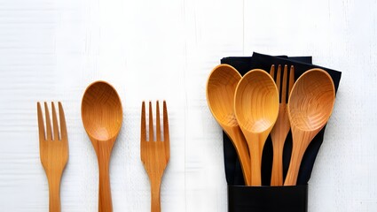 Wooden Cutlery Set and Napkin Mockup on White Background
