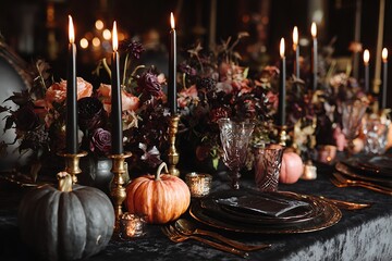 An elegant Halloween table setting with black candles, pumpkins, and dark floral arrangements creates a moody and sophisticated atmosphere.
