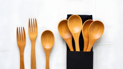 Wooden Cutlery Set and Napkin Mockup on White Background