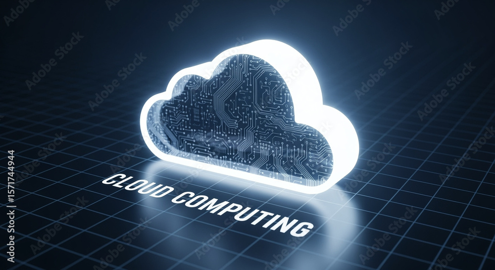 Poster glowing cloud computing symbol with circuit board inside on grid background
