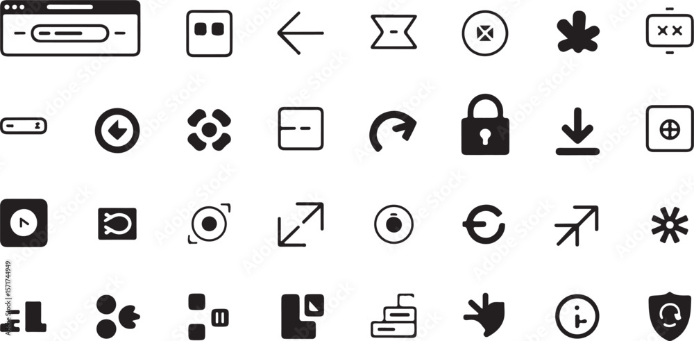 Poster collection of diverse black and white minimalist vector icons representing various digital functions
