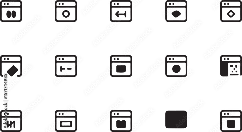 Fototapete Collection of simple black and white outline icons representing various abstract shapes and symbols within a window frame