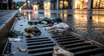 Trash and litter accumulate in a city street drain after a rain, causing pollution