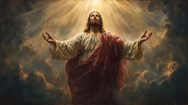 A Divine Portrait of Jesus Christ Reigning in Heavenly Glory With Radiant Light Illuminating His Celestial Realm