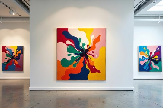 Vivid Abstract Painting Displayed in Contemporary Art Gallery with Minimalist Interior Design