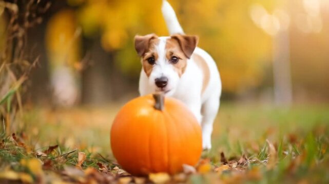 Adorable Jack Russell Puppy Playing With Pumpkin In Autumn Park