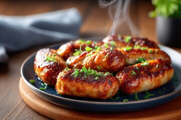Juicy grilled sausage on a rustic plate 