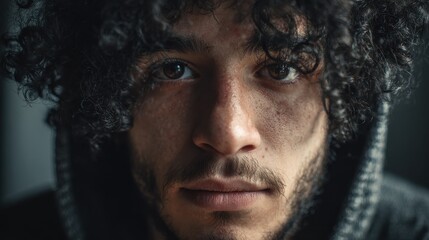 Creative portrait of a young man with curly hair indoor workspace photography