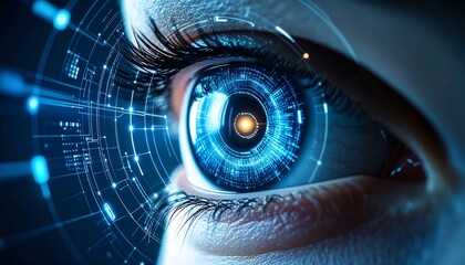 Cybernetic eye, glowing pupil, data overlayed