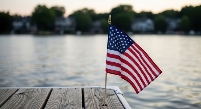 An american flag waves proudly on a wooden dock by a serene lake, embodying patriotism