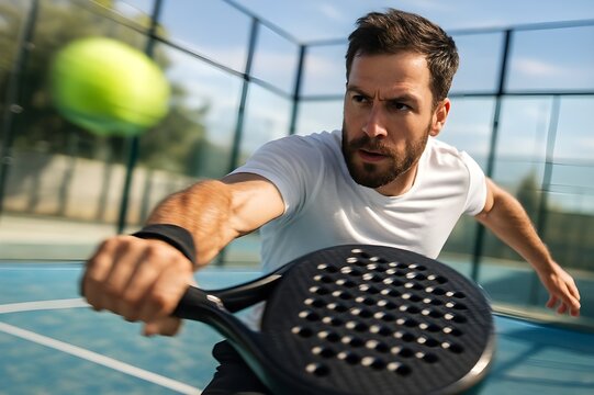 Focused man hitting a padel ball during an intense outdoor match on a modern court. Male athlete playing padel tennis in action with dynamic movement. Professional padel player. Active sport. Tennis. 
