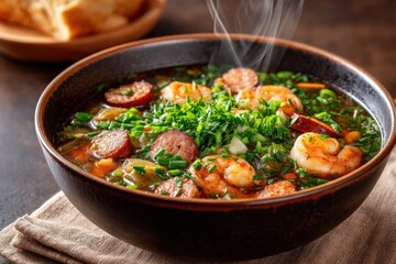 Gumbo in a steaming bowl with shrimp and sausage stirring