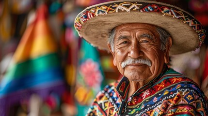 Fototapeta premium Elderly Man in Traditional Mexican Attire with a Richly Decorated Sombrero, Exuding Cultural Pride and Wisdom
