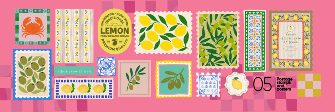 Mediterranean Italian summer postage stamps. Amalfi. Vector illustrations of label, ceramic tile, crab, olives, seamless pattern, lemons, sun and frame or border for invitation, poster or background