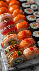 Sushi platter on marble slab featuring a selection of rolls, nigiri, and sashimi in soft focus