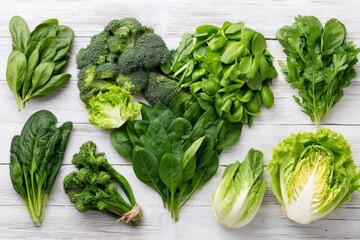Fresh green vegetables like broccoli, spinach, and lettuce arranged in a heart shape
