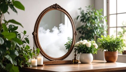 Oval mirror, plants, candles, and flowers on wooden vanity