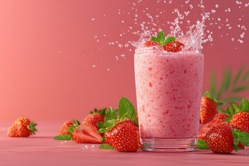 Frappe in glass with strawberry topping splashing and strawberry slices beside it 
