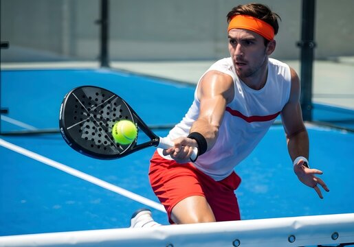 Focused man hitting a padel ball during an intense outdoor match on a modern court. Male athlete playing padel tennis in action with dynamic movement. Professional padel player. Active sport. Tennis. 